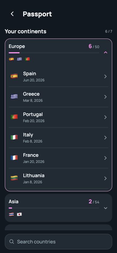 Passport's continent view with recorded country visits and dates